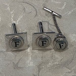 Men’s Vintage Silver “F” Initial Cufflinks and Tie Tack